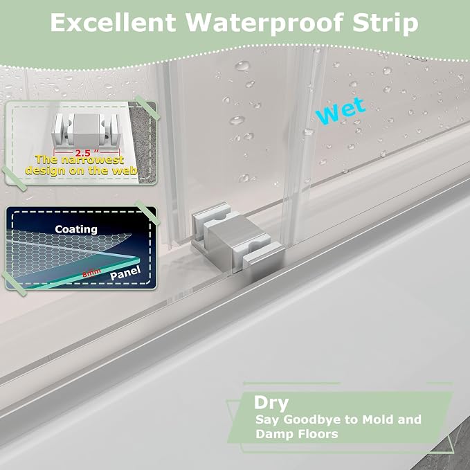 55"-60" W x 60" H Frameless Bathtub Shower Door, Double Sliding Shower Door - Image 5