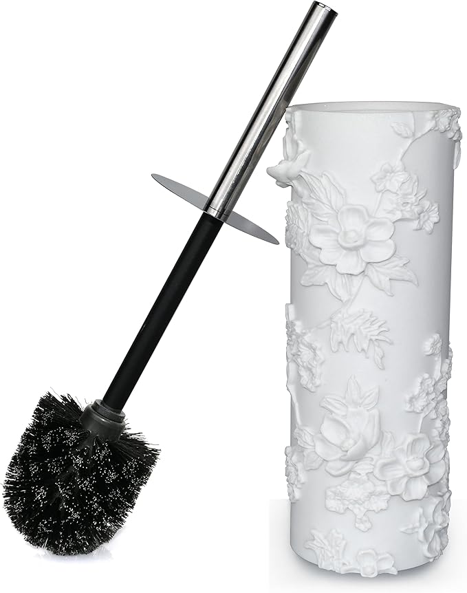 White Floral Branches Design Resin Toilet Bowl Brush and Holder Set, Elegant by IndecorHome
