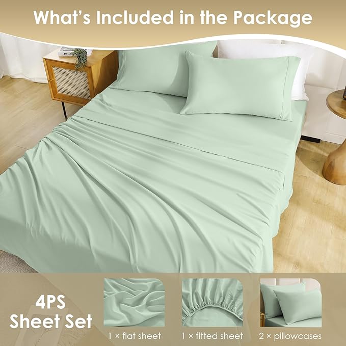 Breathable Cooling Full Sheet Set - Hotel Luxury 4 Piece Deep Pocket Sheets for Full Size Bed, Fits 16" Mattress, Easy Care Wrinkle Free Bedding Sheet and Pillowcase Set, Sage Green