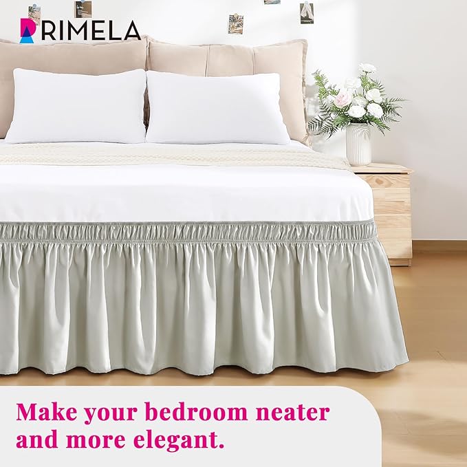 RIMELA Light Grey Bed Skirt King Size 15 Inch Drop, Wrap Around Elastic Bedskirt, Dust Ruffle for Adjustable Bed Base Machine Washable Easy to Install Bed Skirts