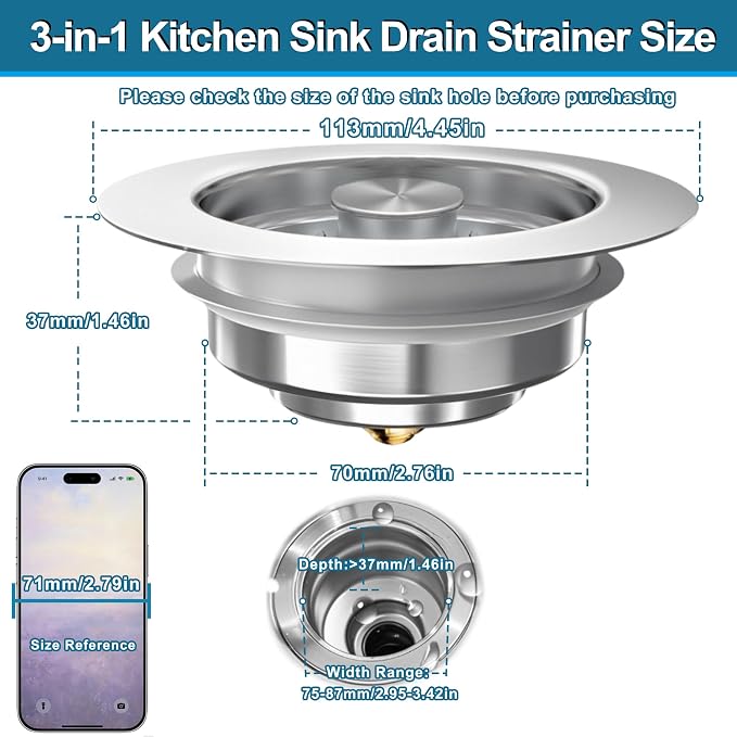 3-in-1 Kitchen Sink Drain Strainer & Stopper, Stainless Steel Food Catcher Plug - Image 7