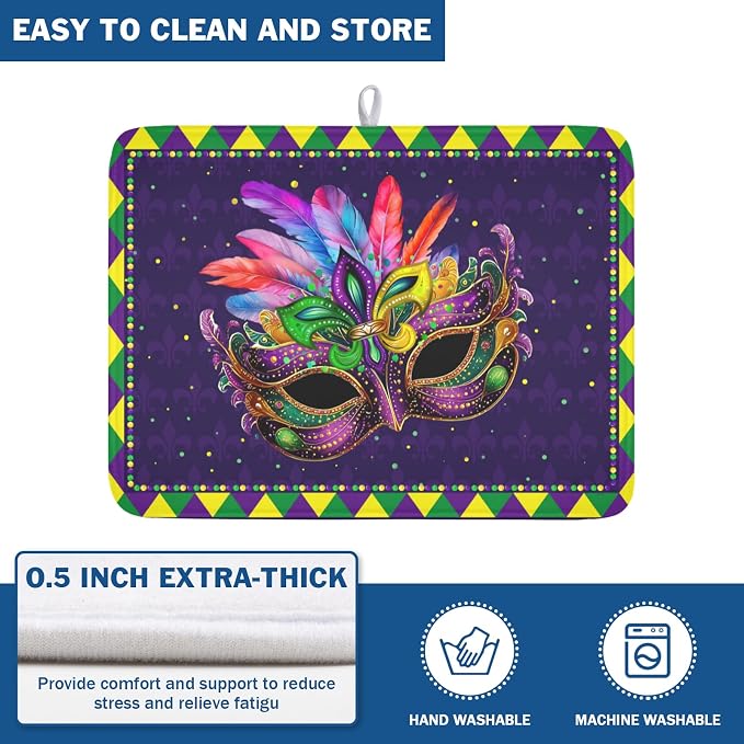 Mardi Gras Dish Drying Mat for Kitchen Counter Masquerade Mask Feather Drying - Image 5