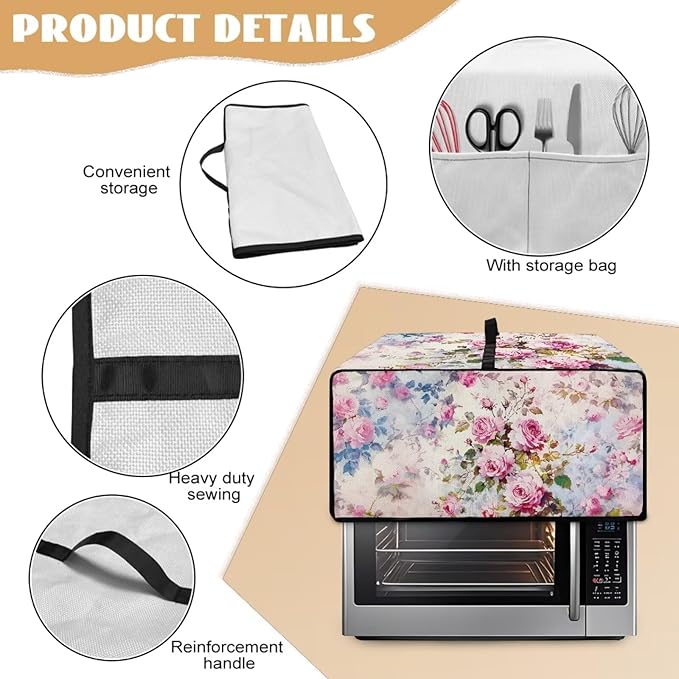 Toaster Oven Dust Cover with Pockets, Stain-resistant Kitchen Electrical Appliance Cover Countertop Ovens Decorations, M, 16.5" x 20.5" x 10", Retro Rose Pink