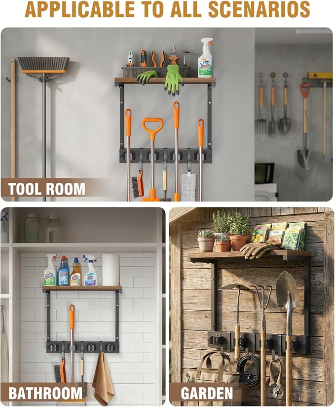 Broom Holder Wall Mount with Top Wooden Shelf, Heavy Duty Metal Cleaning - Image 6