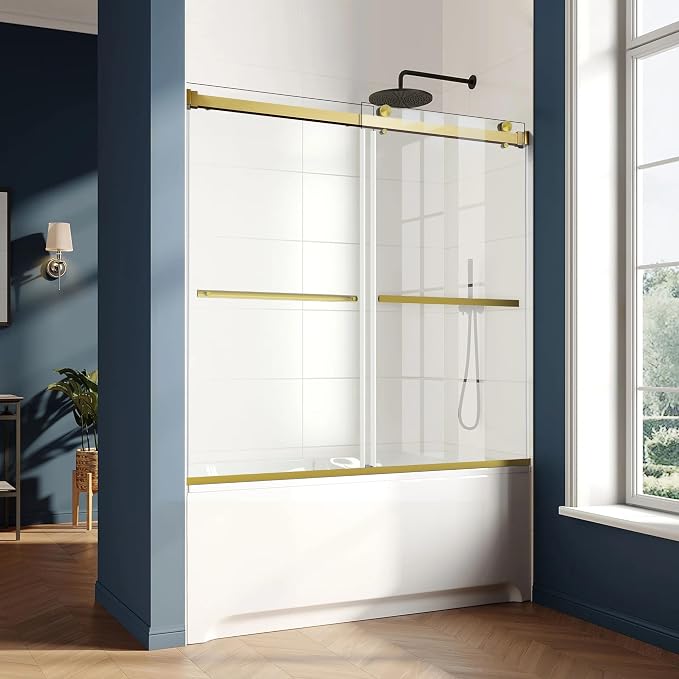 Bathtub Shower Door, 5/16" Certified Clear Tempered Glass, Brushed Gold by AquivaCoast