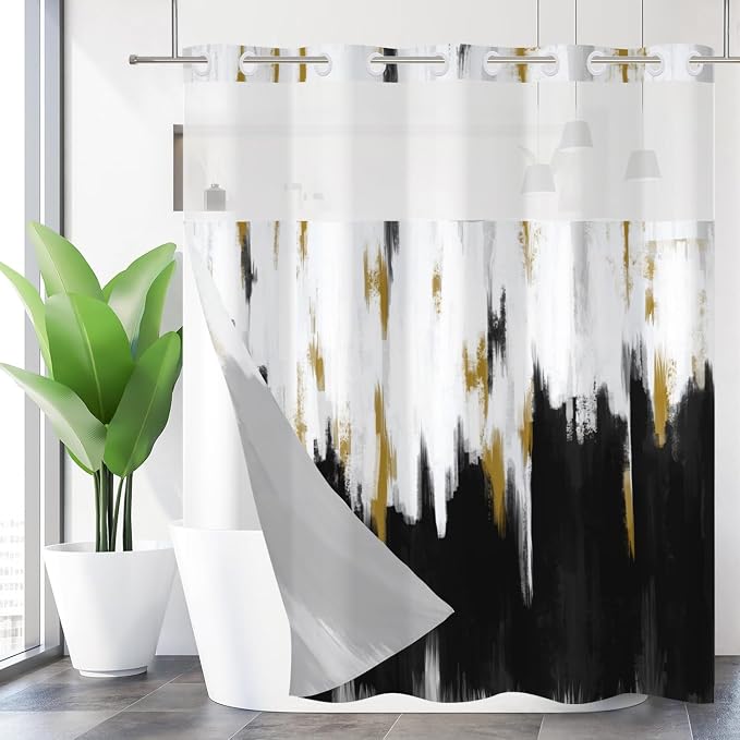No Hook Shower Curtain with Snap in Liner, Hotel Style Black White Gold Brush by Caheansi