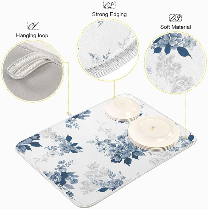 Tarity Watercolor Blue Flower Dish Drying Mat - Image 4