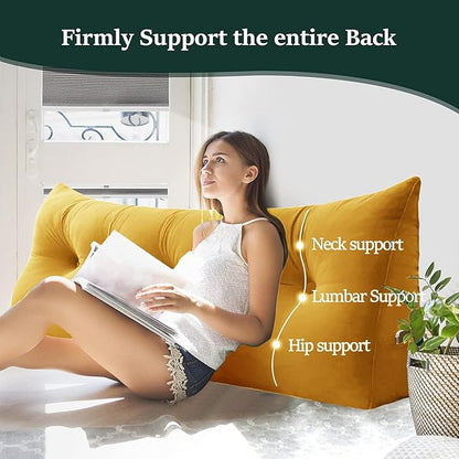 Bed Wedge Headboard Pillow - College Dorm Reading Pillow Back Support While Sitting in Bed - Ergonomic Lumbar Pillow Body Positioning Bed Pillow - Velvet Golden Yellow 39IN