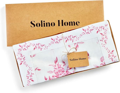 Solino Home Pink Floral Print Table Runner 48 inch - 100% Pure Linen Table Runner 14 x 48 Inch - Handcrafted and Machine Washable - Jolie Fleur Print