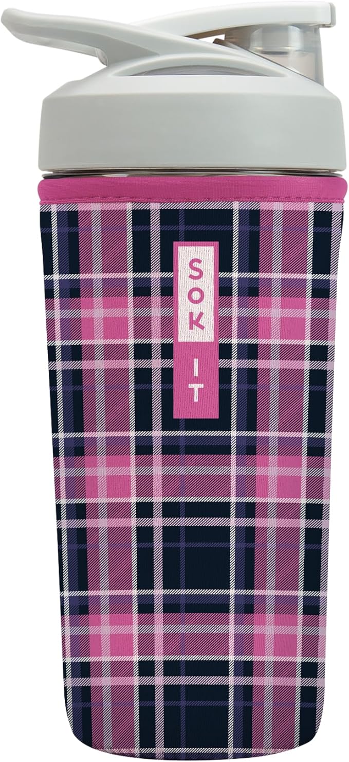 Sok It BotlSok Protein Blender Shaker Bottle Sleeve Insulated Neoprene Cover (Berry Plaid, Fits 28oz Blender)