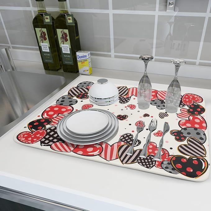 Red Heart Dish Drying Mat 18"x24" Love Dots Microfiber Dish Drainer Rack Mat - Image 6