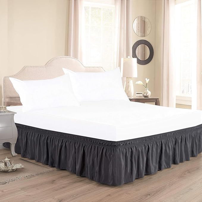 Dark Grey Wrap Around Bed Skirts with 16" Drop - Three Sides Fabric Adjustable Elastic Dust Ruffle Silky Soft -600 TC Stretchy Bed Skirt-Olympic Queen(66"X 80") Dark Grey