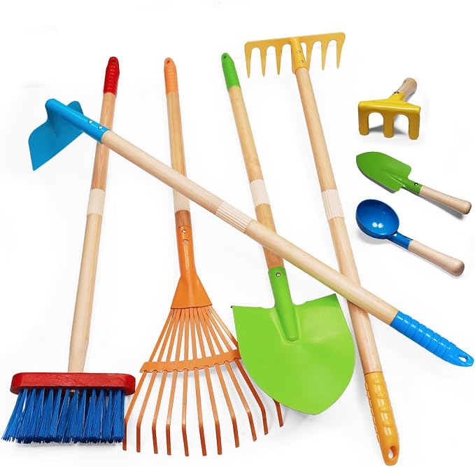 8PCS Kids Gardening Tools, Kids Rake and Shovel Set, Toddler Outdoor Yard Tools by POMIKU
