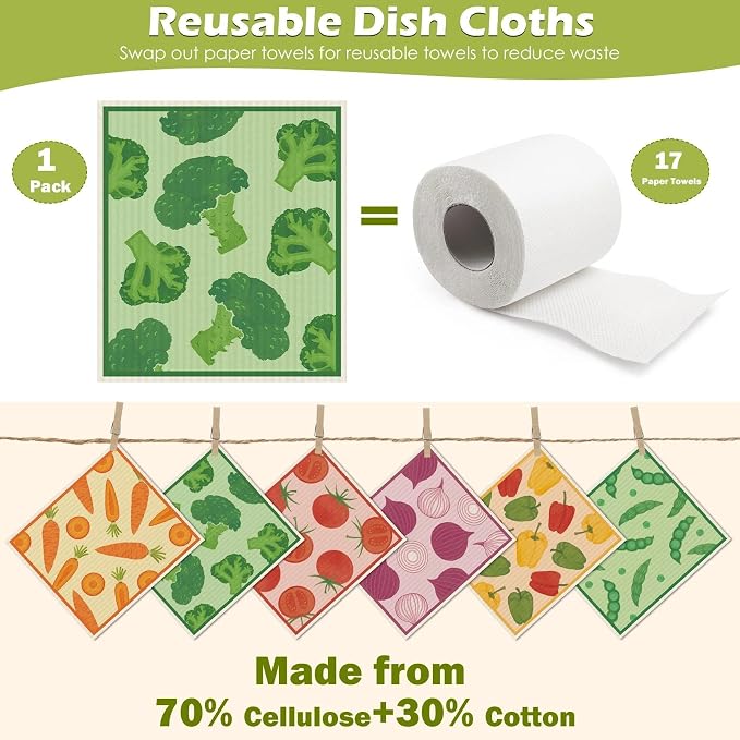 6 Packs Swedish Paper Cloths for Kitchen, Reusable Paper Towels Washable Dish - Image 3