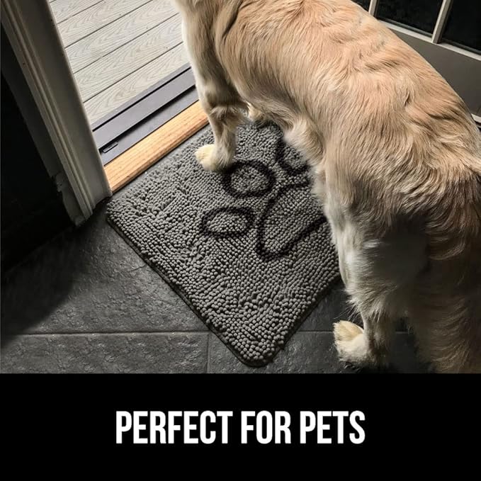 GORILLA GRIP SOAKSTOPPER Dog Door Mat, 35x24 Machine Washable Rug Absorbent Doormat Captures Moisture Mud Dirt, Quick Dry Soft Chenille Entryway Rugs Indoor Entrance Mats for Dog Paws, Paw Gray