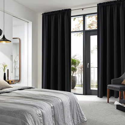 DWCN Blackout Curtains for Living Room Thermal Insulated, Energy Saving & Noise Reducing Bedroom Curtains, Black, W 70x L 84 Inch, Set of 2 Rod Pocket Curtain Panels