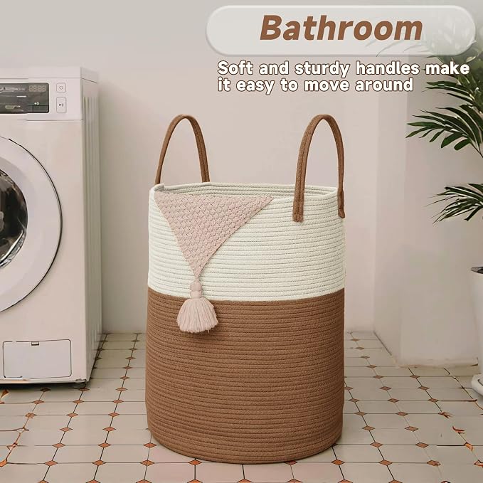 Large Woven Laundry Basket Hamper, 60L Cotton Rope Storage Bin - Image 5