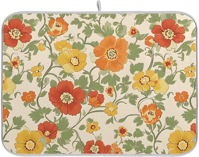 Retro Yellow Orange Flowers Dish Drying Mat by BOENLE-WELCOMEYOURCOMING