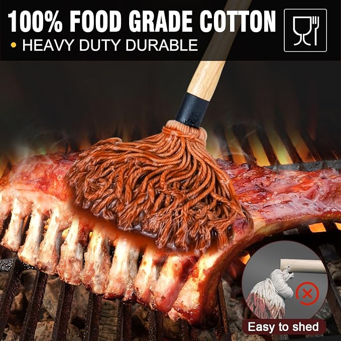 Walfos BBQ Mop Brushes for Sauce, Grilling Basting Mop Wooden Long Handle - Image 2