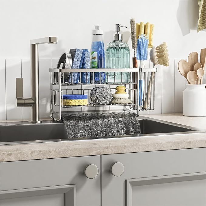Cisily Silver 2-Tier Kitchen Sink Caddy Organzier Rack - Image 6