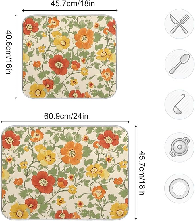 Retro Yellow Orange Flowers Dish Drying Mat - Image 3