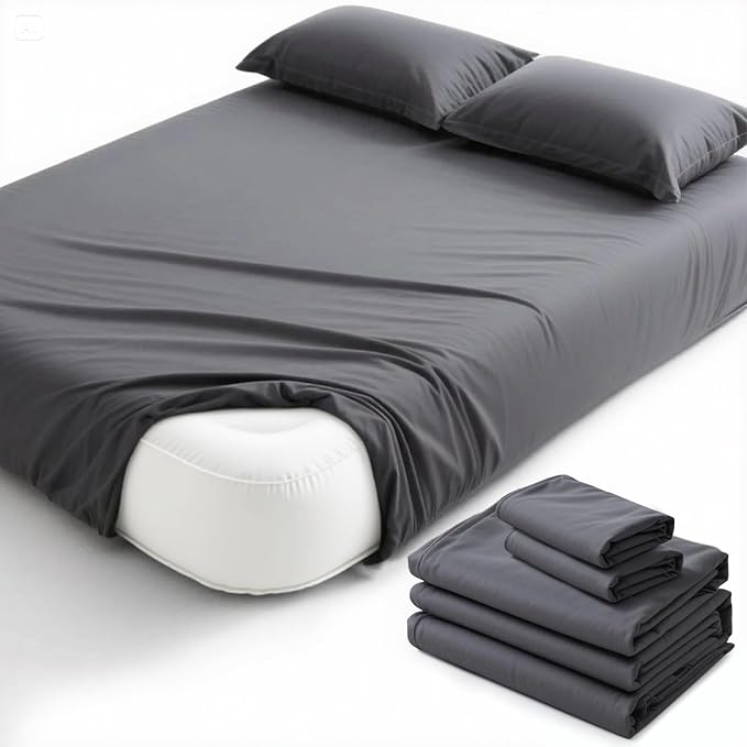 Degrees of Comfort King Sheet Set for Air Mattress – Extra Deep Pocket Fitted Sheet up to 22”, 4-Piece Bedding Sets with Dual Side Storage Pockets, Soft Breathable, Wrinkle-Resistant, Grey
