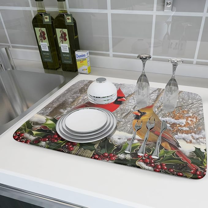 Winter Birds Dish Drying Mat Red Berry Dish Drainer Rack Mat Microfiber - Image 6