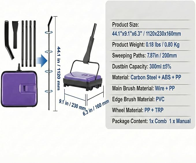 Manual Carpet Sweeper, Electric-Free Quiet Floor Sweeper - Image 2