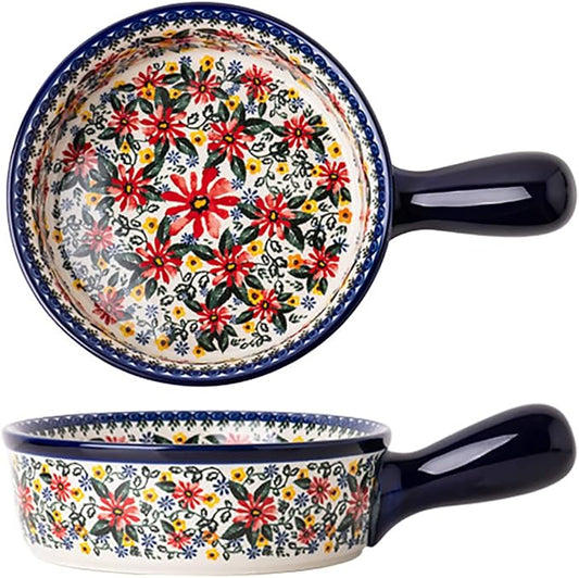 Red Daisy Flower Vintage Style Ceramic Bakeware Casserole Dish Baking Pan by Bicuzat