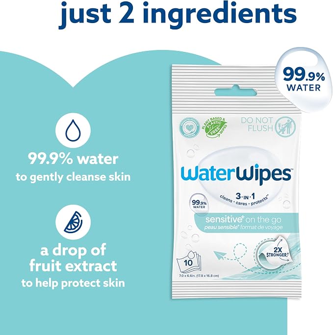 WaterWipes Sensitive+ On The Go Wipes, 3-In-1 Cleans, 99.9% Water, Unscented & - Image 4