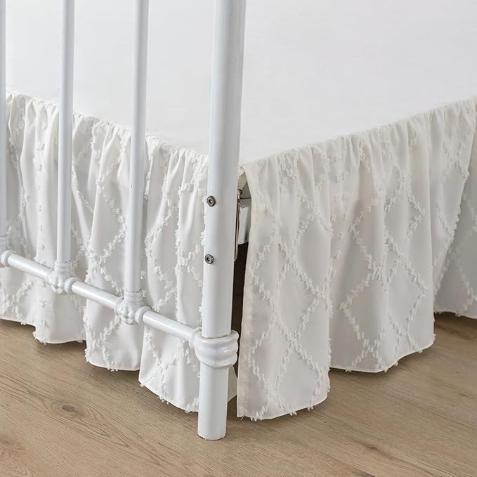 Bed Skirt Queen Size Ruffled Bed Skirt with Split Corners, 14 Inch Drop Dust Ruffle Bed Skirts with Platform, Boho Tufted Shabby Chic Queen Size Bed Skirts, Ivory