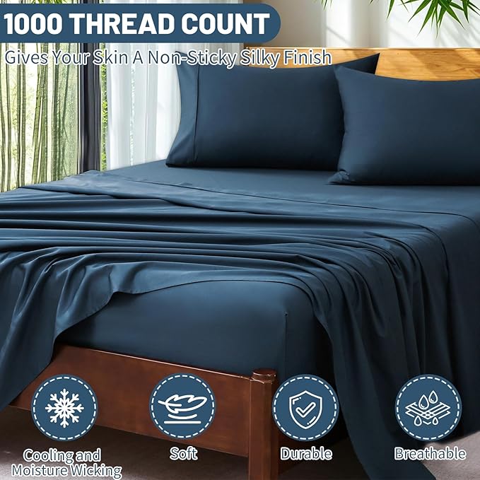 Extra Deep Pocket King Sheets 18-24 Inch 100% Egyptian Cotton 1000 Thread Count Sateen Weave Soft Breathable 4 Pieces（King，Navy）