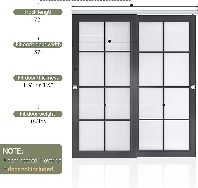 EaseLife 6FT/72in Bypass Double Sliding Pocket Door Hardware Kit, Commercial - Image 4