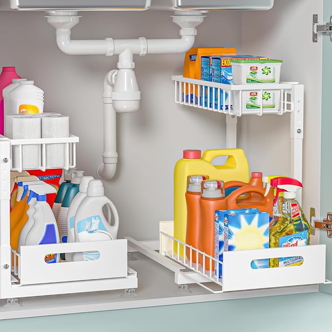 L-Shaped Under Sink Organizer, 2 Pack 2-Tier Pull Out Metal Kitchen Cabinet by Saydear