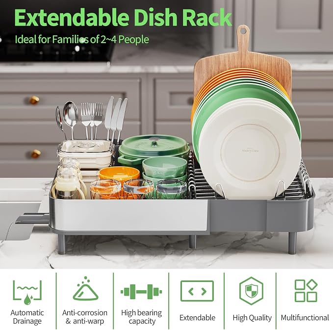 Dish Drying Rack for Kitchen Counter, 304 Stainless Steel Dish Rack, Expandable - Image 3
