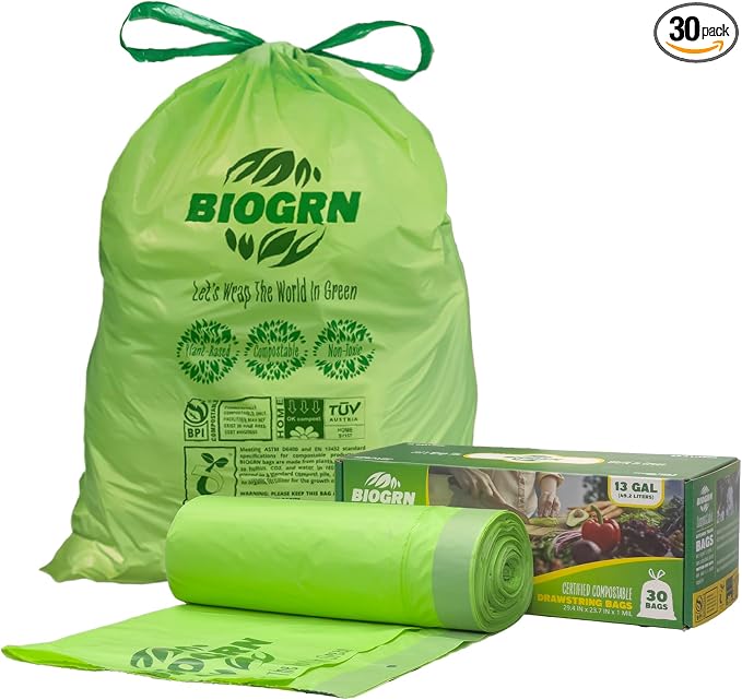 10-13 Gallon Compostable Trash Bags Drawstring 30 Bags Heavy Duty Extra Thick 1 by BIOGRN