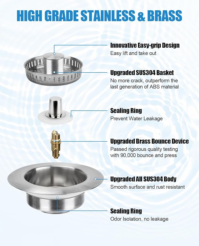 Kitchen Sink Drain Strainer, 3 in 1 All Stainless Steel Sink Strainer, Pop Up - Image 5
