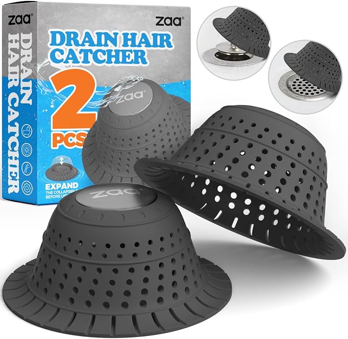 zaa Bathtub Drain Hair Catcher, Premium Silicone Collapsible 2 Pack Drain by zaa