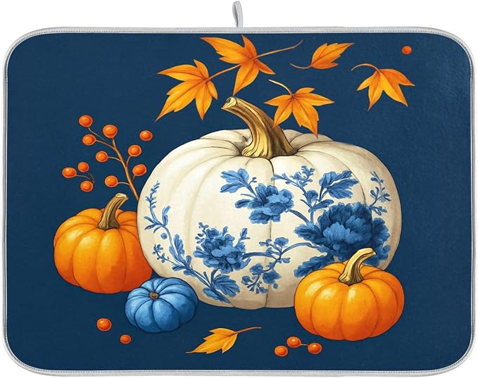 Pumpkin Porcelain Blue White Dish Drying Mat by Wamika