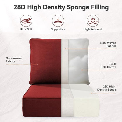 Luxury 6" Outdoor Cushions for Patio Furniture, 24x24x6" Thick Seat Cushion Set of 7, Fade Resistant Couch Chair Replacement Cushions High Density Deep Wicker Chair Cushion w/ Removable Cover, Red