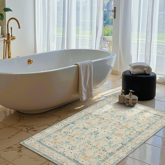 Door Mat Floral Entryway Rug, Washable Samll 2x3 Rug, Boho Beige Front Door Mat - Image 2