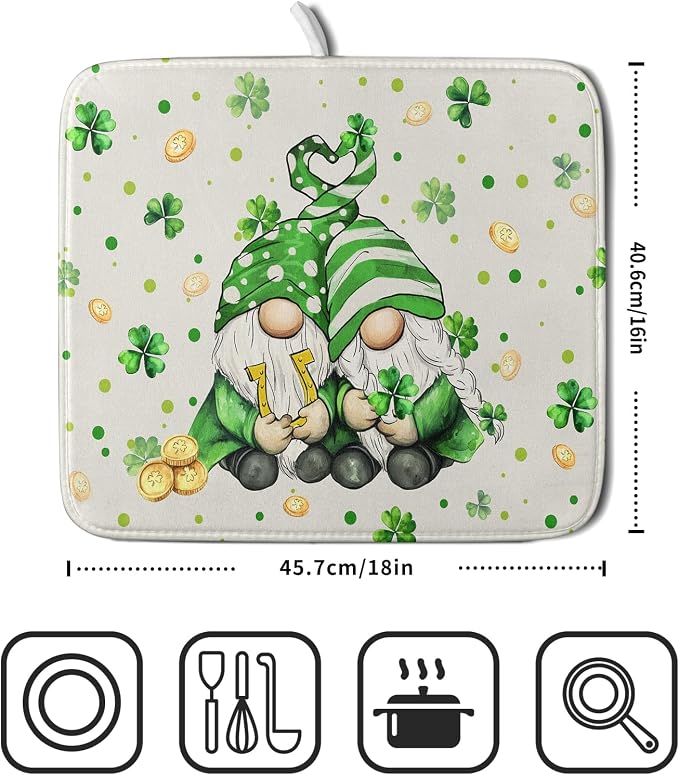 St Patrick's Day Gnome Dish Drying Mat 16x18 inch Lucky Shamrock Absorbent - Image 2