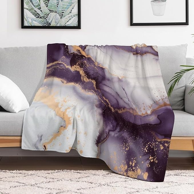 Modern Marble Blanket, Abstract Luxury Baroque Golden Purple White Stone Veins Pattern Soft Warm Cozy Plush Flannel Covers for Livingroom Bedroom Couch Chair Camping Travel Home Decor Tapestry 30x40in