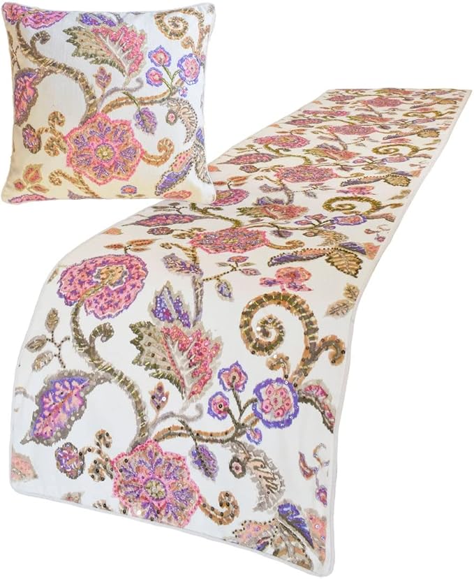 The HomeCentric King/Queen/Twin White & Pink Designer King 90"x18" Bed Runner with 2 Pillow Cover, Floral, Printed, Sequins, Beaded, Embroidery & Handmade Bed Scarf on Cotton Fabric - Aster