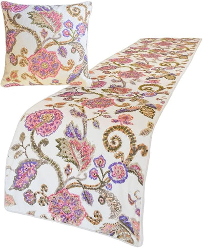 The HomeCentric King/Queen/Twin White & Pink Designer King 90"x18" Bed Runner with 2 Pillow Cover, Floral, Printed, Sequins, Beaded, Embroidery & Handmade Bed Scarf on Cotton Fabric - Aster