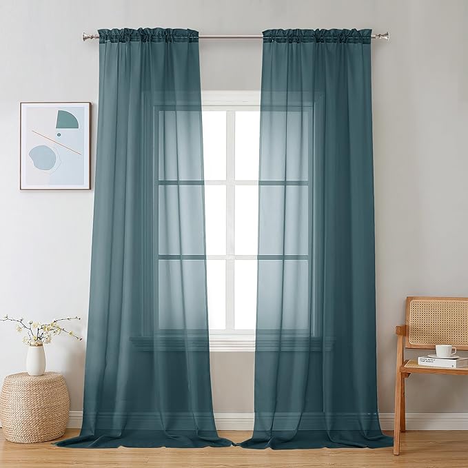 Chyhomenyc Sheer Stone Blue Curtains 90 inches Long 2 Panels, Light Filtering by Chyhomenyc