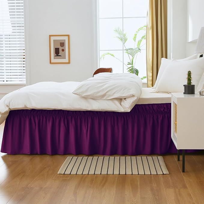 MEILA Wrap Around Bed Skirt Three Fabric Sides Elastic Dust Ruffled 16 Inch Tailored Drop,Easy to Install Fade Resistant-Purple, Twin/Full