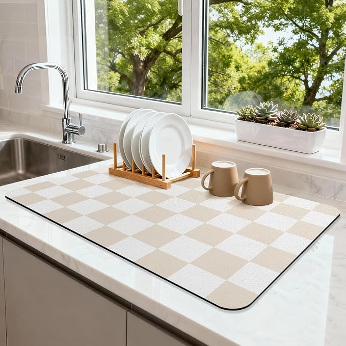Checkered Dish Drying Mat for Kitchen Counter Coffee Mat Bar Accessories by Unknown