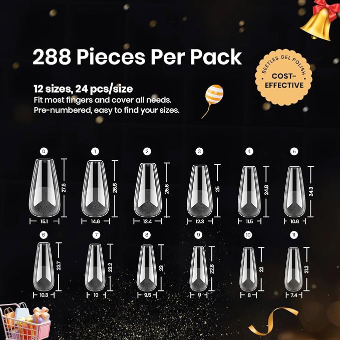 Beetles Gel Nail Tips Medium Coffin Etch X, 12 Sizes 288Pcs Pre Shaped Half - Image 3