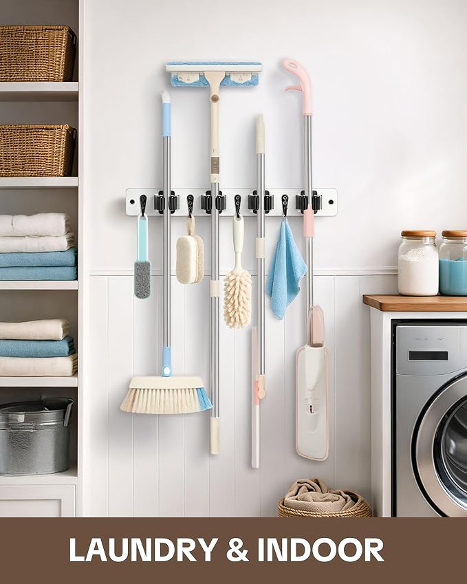Lorbro 2 Pack Broom Holder Wall Mount, Wooden Broom and Mop Organizer Wall - Image 4
